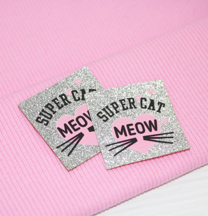 Нашивка з глітеру "Meow" super cat 40*40 мм срібного кольору -2