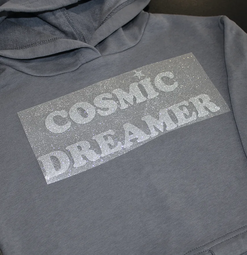 Термоаплікація з глітеру "Cosmic dreamer" 10*24,5 см срібного кольору-0