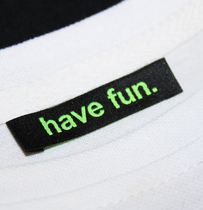 Бирка жакардова "Have fun" 50*12 мм чорного кольору з зеленим лого-0