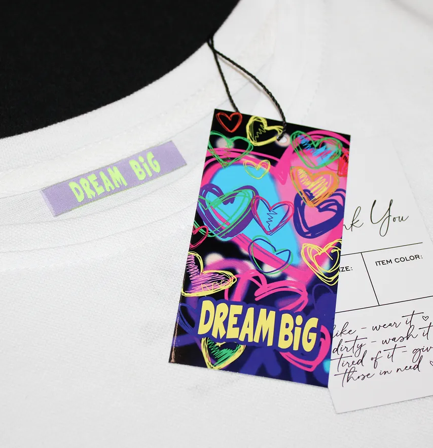 Бирка жакардова "Dream big" 50*12 мм лілового кольору з зеленим лого-2