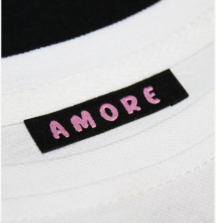 Бирка жаккардовая "Amore" 50*12 мм черного цвета с розовым лого-0