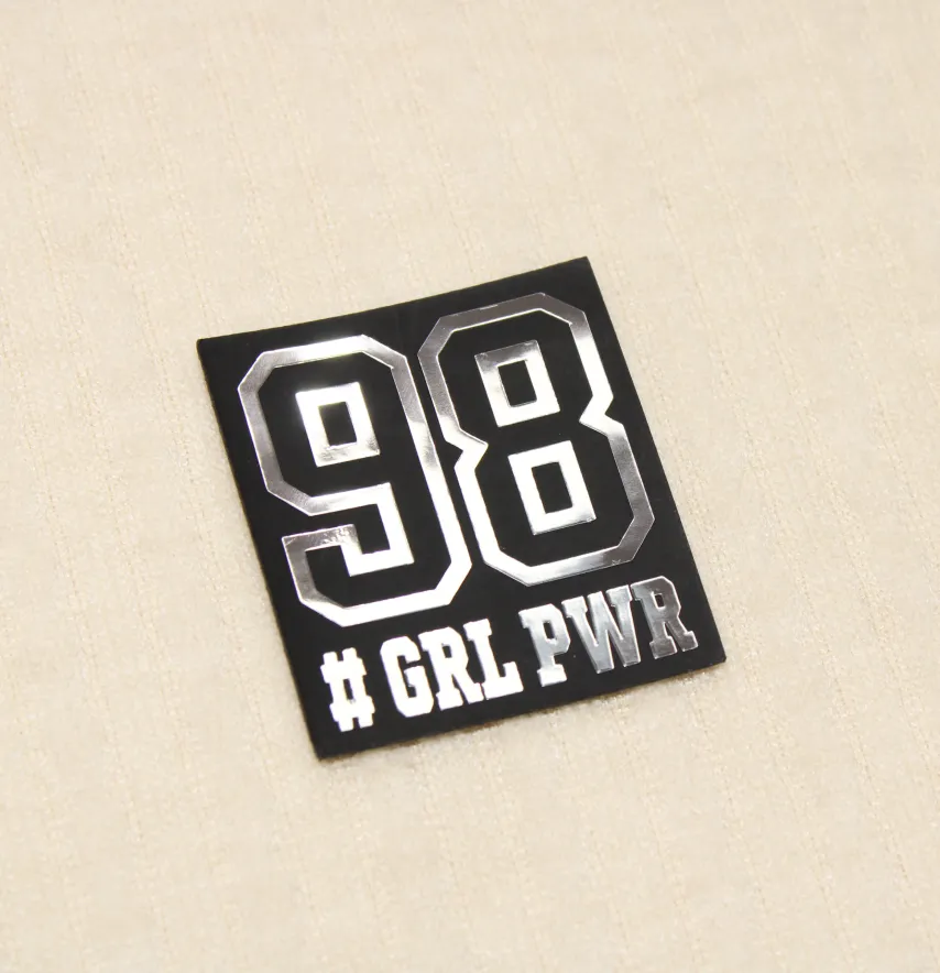 Нашивка "98 Girl Power" 45*50мм черного цвета с серебряной надписью-0