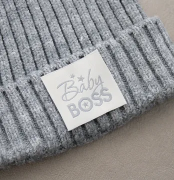 Бирка жаккардовая "Baby boss" 35*35 мм серого цвета.