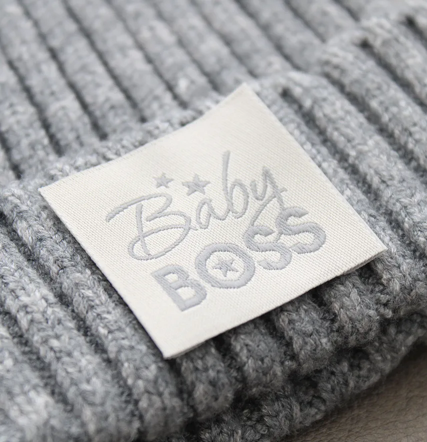 Бирка жакардова "Baby boss" 35*35 мм сірого кольору-1