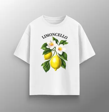 Женская футболка оверсайз "Limoncello" лимон с цветком белого цвета.