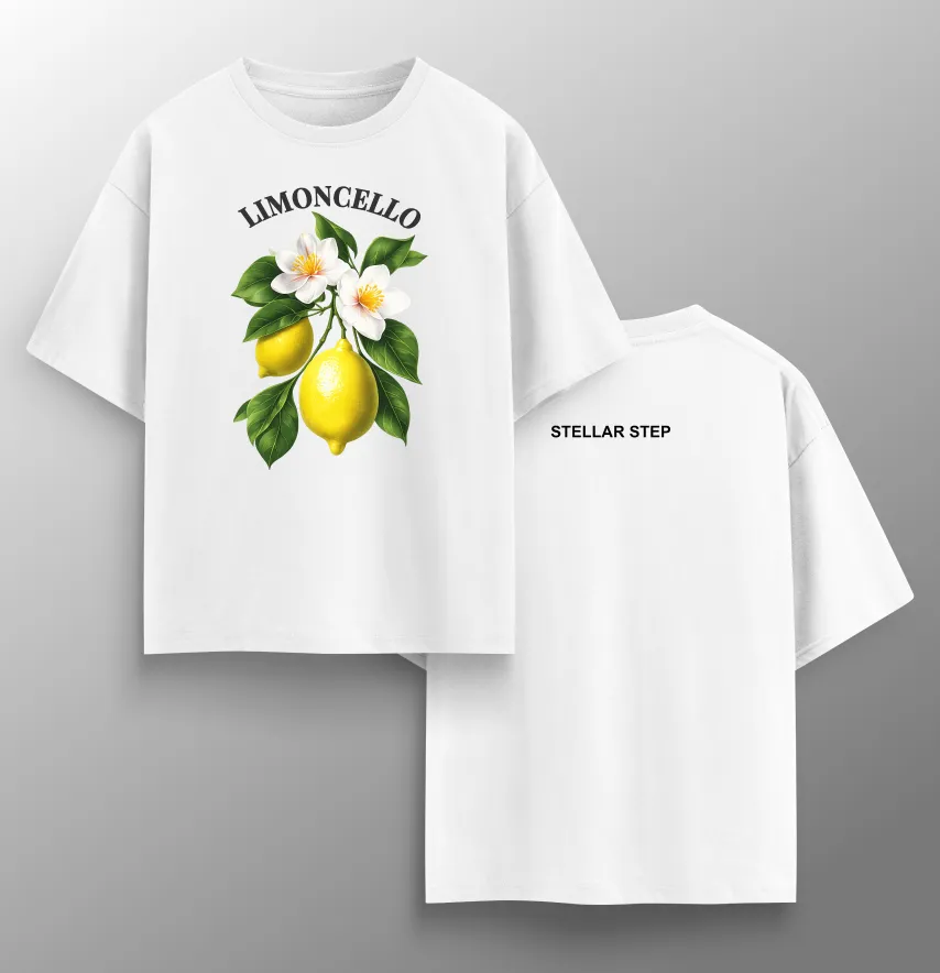 Женская футболка оверсайз "Limoncello" лимон с цветком белого цвета.-1